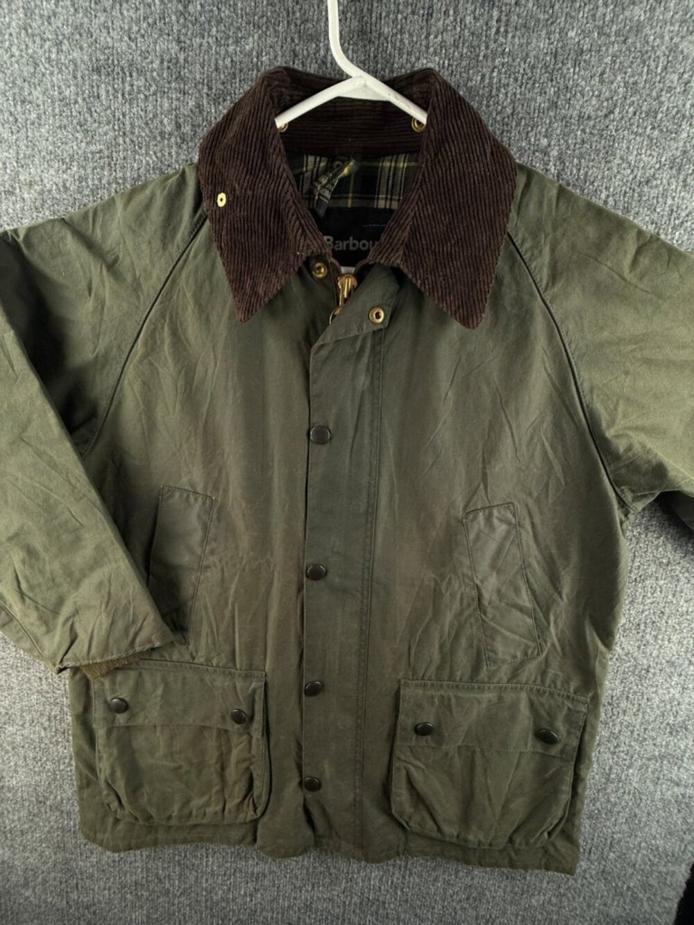 Barbour Bedale Green Waxed Jacket Men Full Zip Corduroy Collared Lined EUC C40
